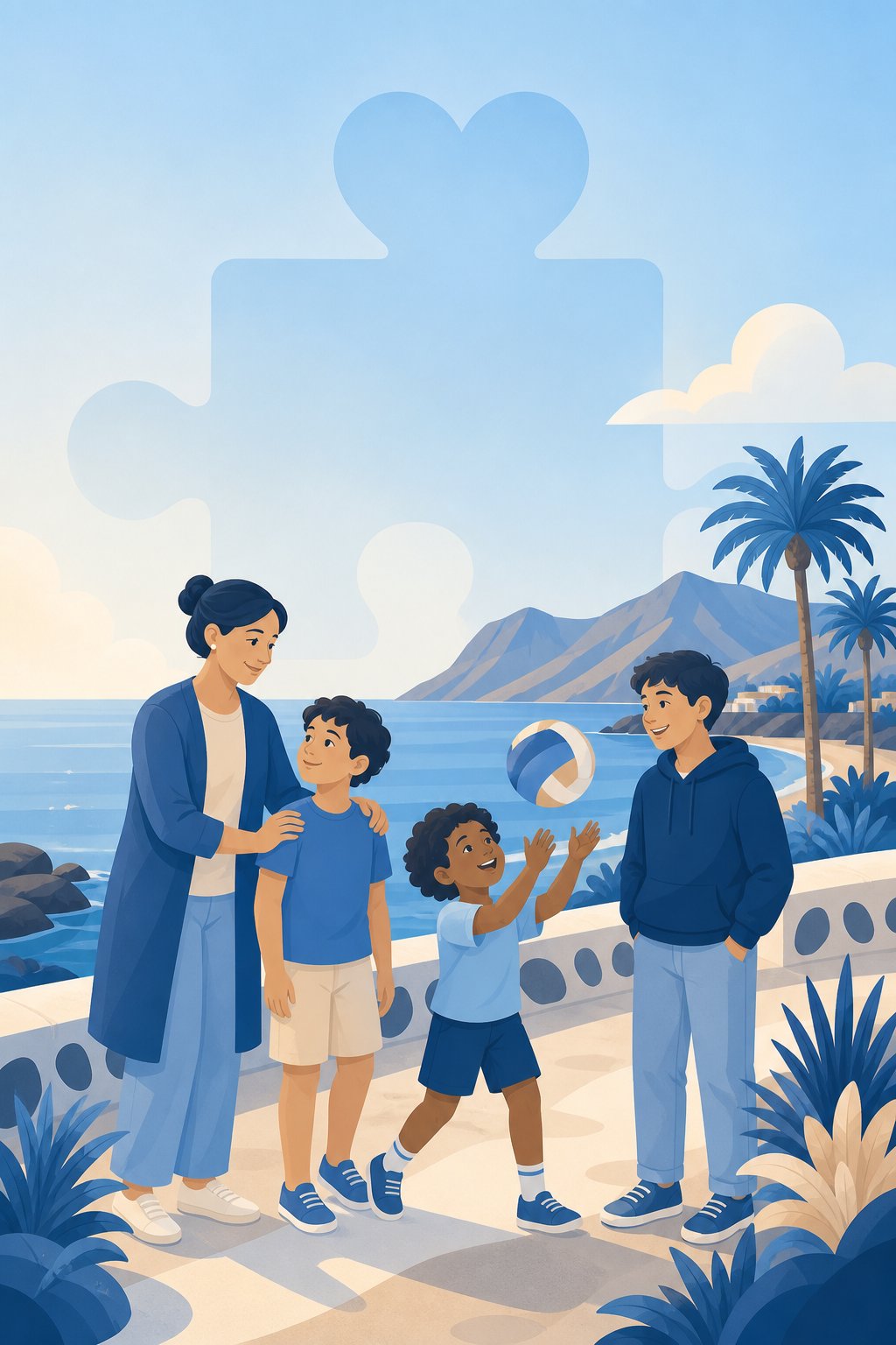 Ilustración de una familia acompañando a dos menores que juegan con un balón de voleibol en la costa de Tenerife, con una pieza de puzle rematada en corazón al fondo